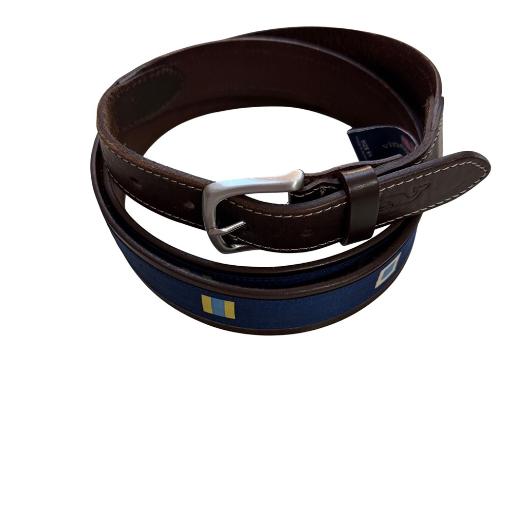 Vineyard Vines Mens Canvas Club Belt Brown Leather Nautical Signal Flags Size 54